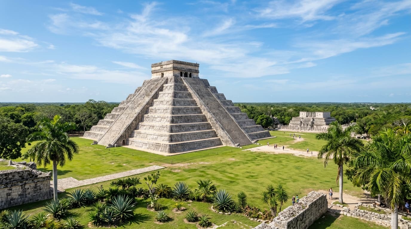 The iconic El Castillo pyramid at Chichen Itza Mayan ruins in sunny Yucatan