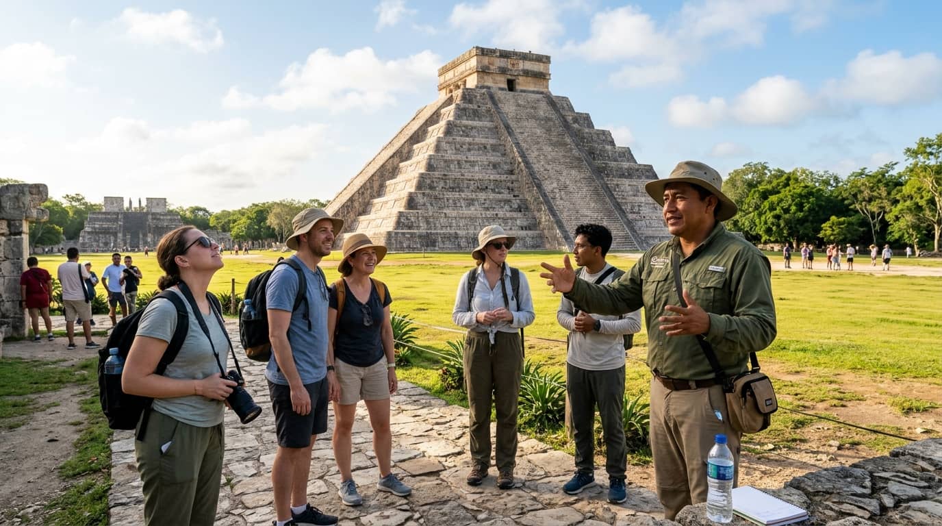 A professional archaeologist guide explaining El Castillo pyramid to a small tour group at Chichen Itza